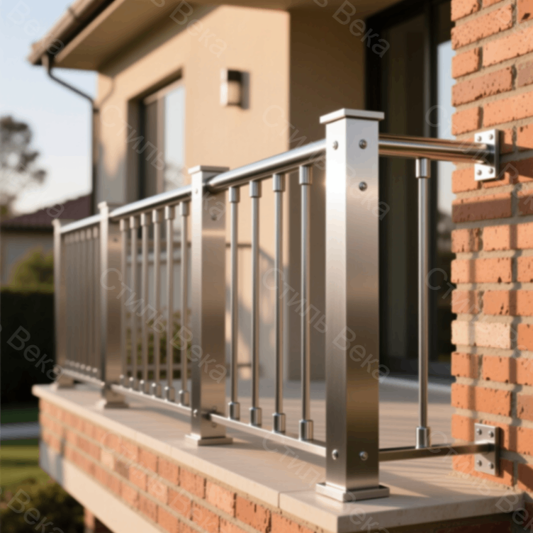 Уличное ограждение террасы или балкона частного дома. Композиция выстроена на фоне фасада из клинкерного кирпича и элементов ландшафтного дизайна