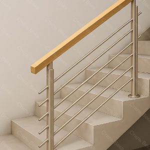 Комбинированные перила из нержавейки и поручень квадратного сечения дуба