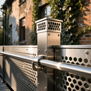 Перила с экранным заполнением из перфорированного листа. Крупный план углового соединения двух пролетов ограждения террасы.