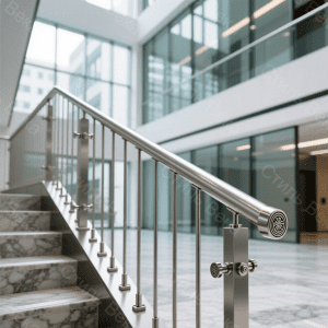 Классическое прямолинейное ограждение лестницы в бизнес-центре Описание композиции: Крупный план прямой секции лестничного ограждения в современном бизнес-центре.