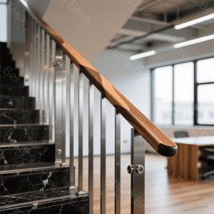 Классическое линейное ограждение с деревянным поручнем. Ограждение лестницы с деревянным поручнем на стойках из квадратной трубы из нержавеющей стали. Ограждение выполнено в строгом линейном стиле.