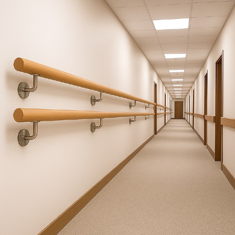 Поручень настенный двухуровневый: нержавеющая сталь и дерево (дуб/бук)