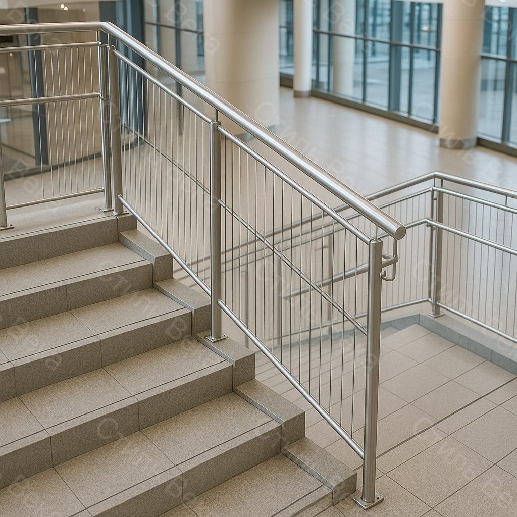Внутреннее лестничное ограждение. Его основу составляет каркас из нержавеющей стали, использованы вертикальные тросы.