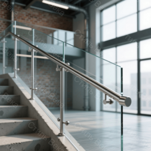 Классические перила со стеклянным заполнением. Показан фрагмент современной лестничной системы в стиле «хай-тек», расположенной в просторном лофте или бизнес-центре.