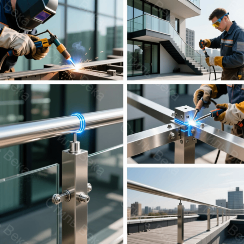 Монтажа перил или ограждений из нержавеющей стали, сварочные работы, аргонная сварка, сборка перил