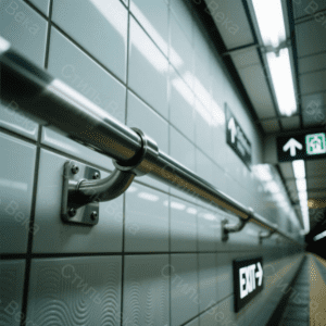 Массивный настенный поручень из нержавеющей стали с интенсивной матовой обработкой. Он имеет круглое сечение диаметром 60 мм и закреплен на усиленных кронштейнах