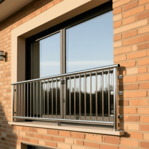 Ограждение окна из нержавеющей стали на окне частного коттеджа, облицованного светлым силикатным кирпичом