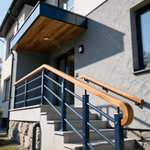 Перила с горизонтальными стержнями и деревянным поручнем секции входной группы с крыльцом и лестницей.