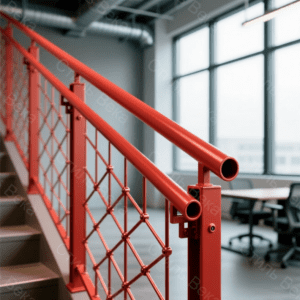 Современные геометрические перила в терракотово-красном цвете Крупный план демонстрирует секцию прямых маршевых перил в стиле модерн