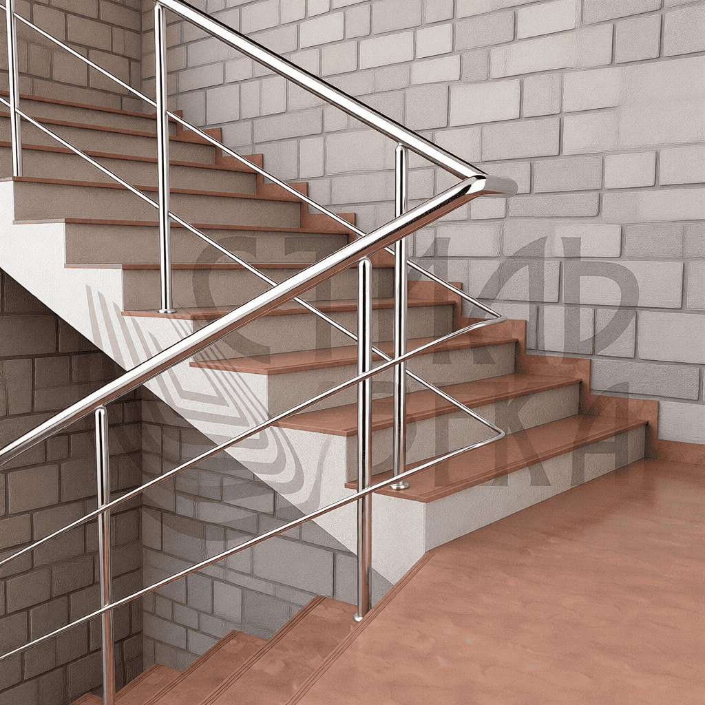 Перила в частном доме с каменной отделкой стен керамогранит