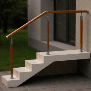 Перила без ригелей с круглым деревянным поручнем и стойками с деревянными вставками из нержавеющей стали